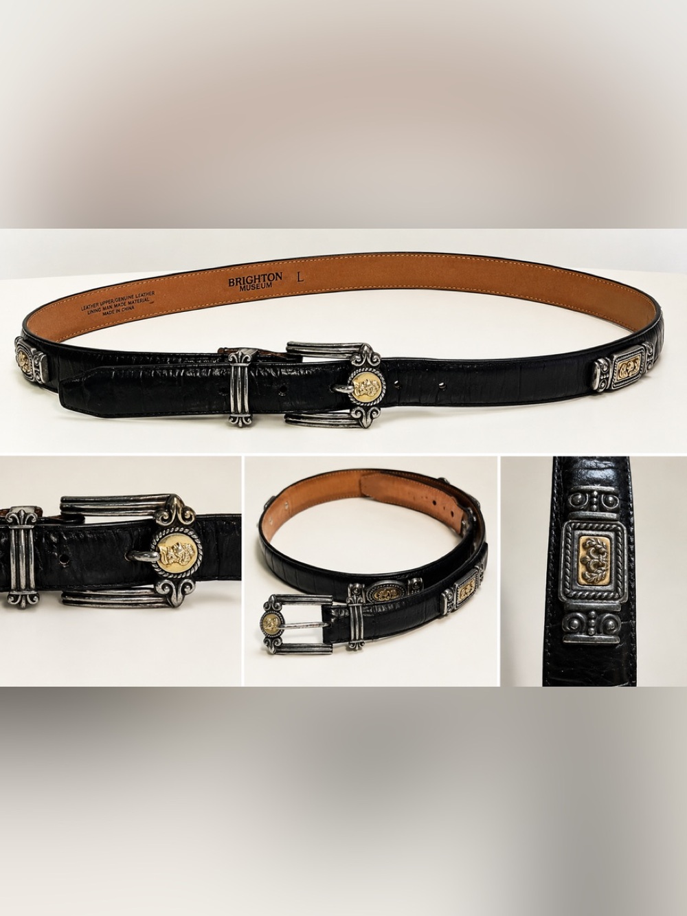 Brighton Museum Collection Belt Black Leather Mixed Metal Cameo L